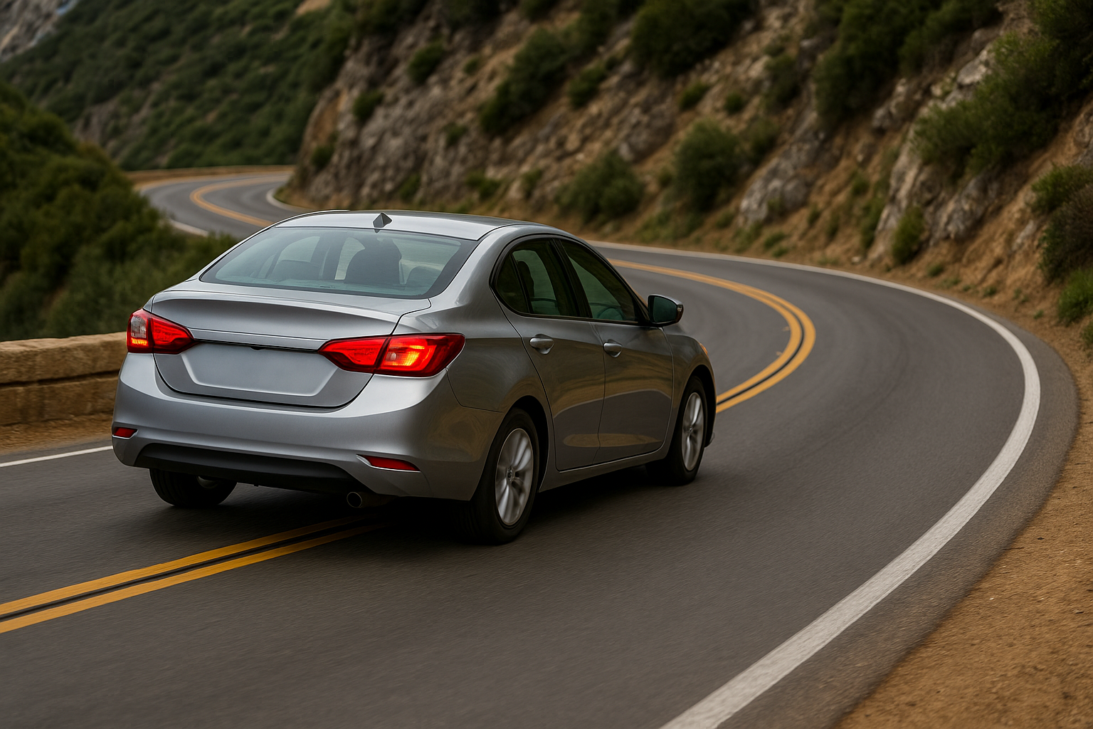 Braking and accelerating for a car turning on a mountain road